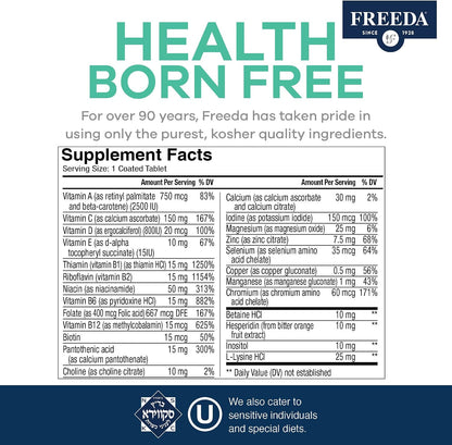 Freeda Senior Multivitamin - Kosher Vitamins for Men & Women 60 and Over - One Daily Coated Tablet - 100 Tablets