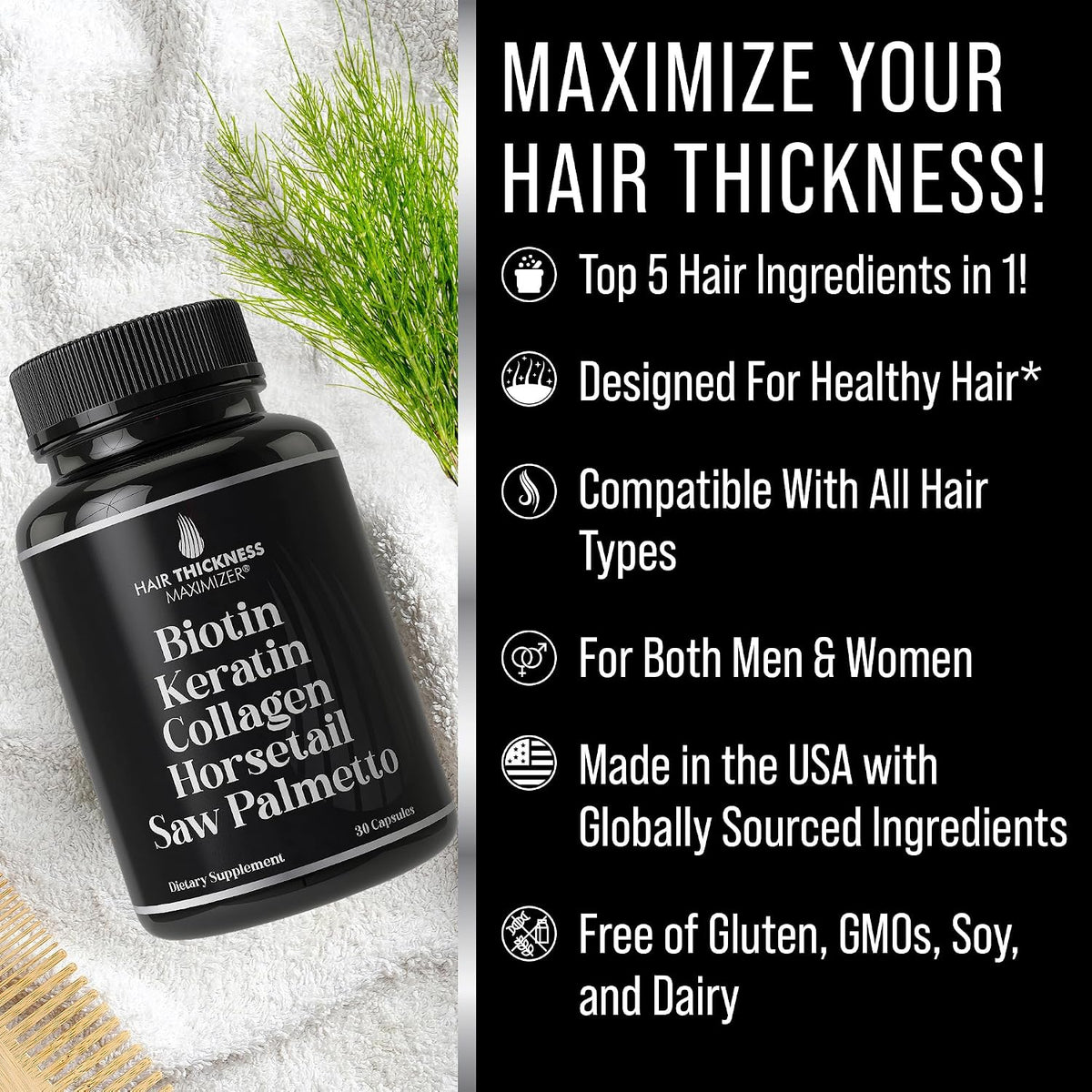 Hair Thickness Maximiser 5-in-1 Hair Support Supplement – Biotin 5000mcg with Keratin, Collagen, Horsetail & Saw Palmetto - görsel 2