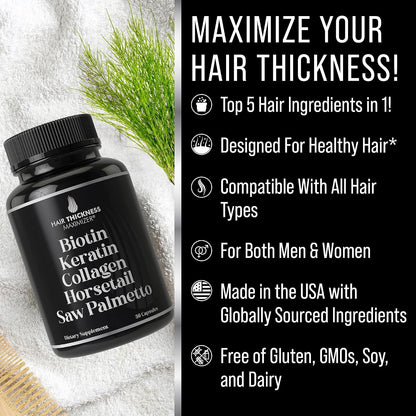 Hair Thickness Maximiser 5-in-1 Hair Support Supplement – Biotin 5000mcg with Keratin, Collagen, Horsetail & Saw Palmetto