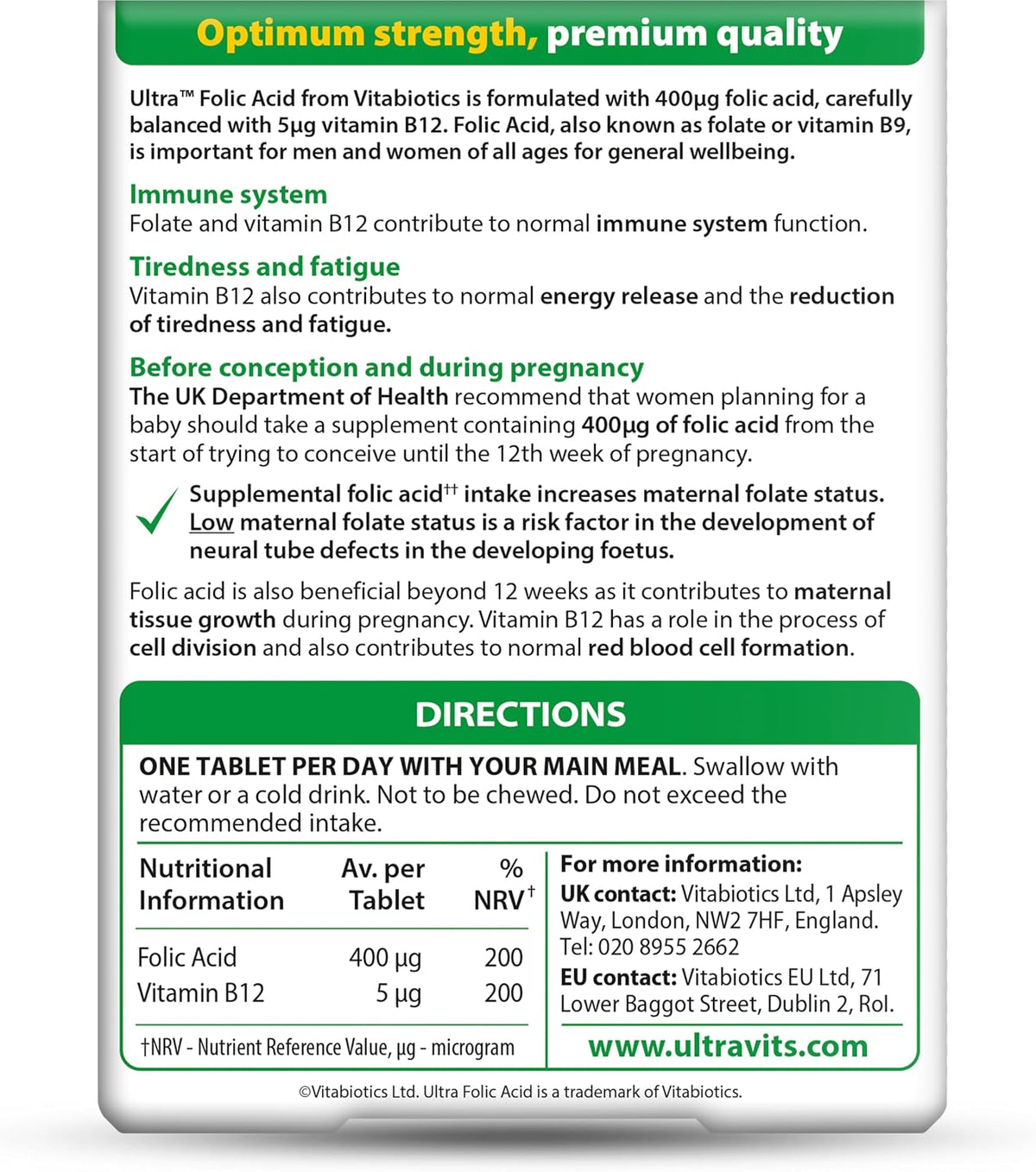 Vitabiotics Ultra Folic Acid 400mcg with Vitamin B12 – 60 Tablets - görsel 2