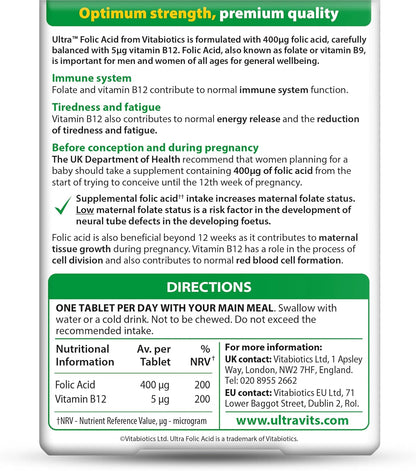 Vitabiotics Ultra Folic Acid 400mcg with Vitamin B12 – 60 Tablets