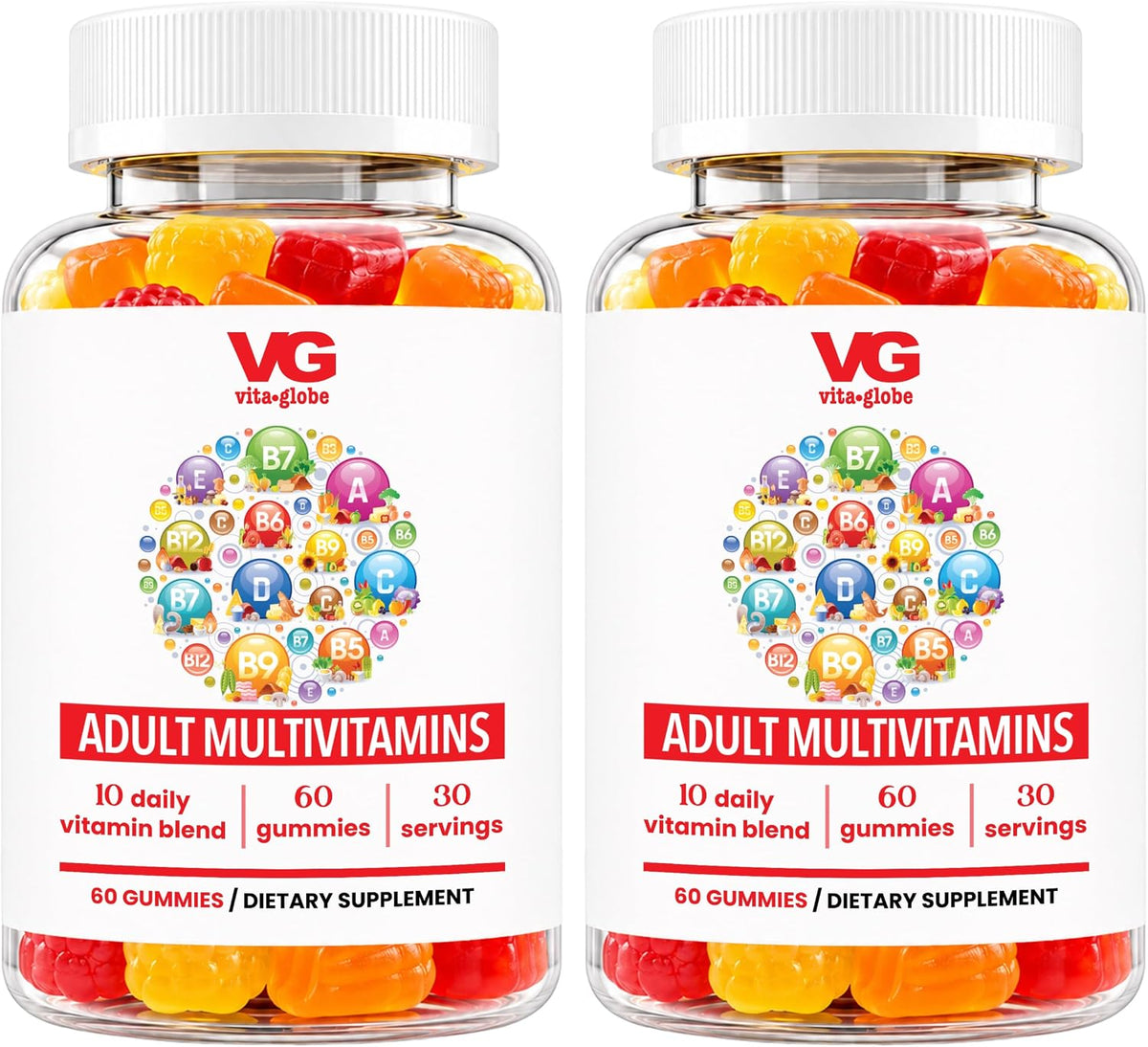 VITA GLOBE Adult Multivitamin Gummies – 9 Daily Vitamins with C, D, E, B6, B12, Folate & Biotin – Orange, Peach & Strawberry Flavours – Immune Support Supplement – 120 Gummies (2-Pack) - görsel 1