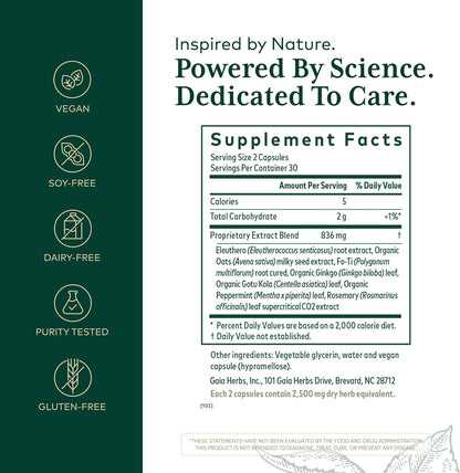 GAIA HERBS PRO Cognitive Formula - Brain Health & Blood Flow Support with Fo-Ti Root, Ginkgo Leaf, & Gotu Kola Leaf - 60 Liquid Phyto-Caps (30 Servings)