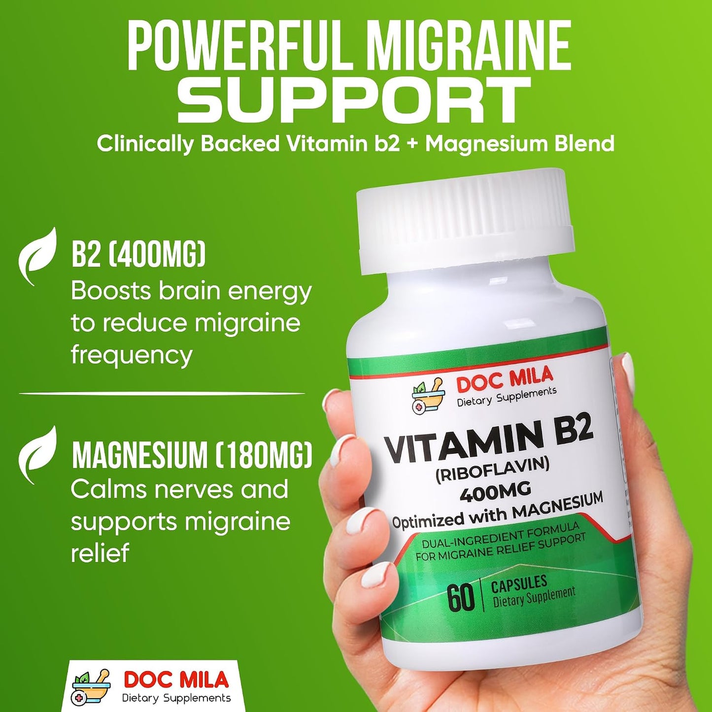 Doc Mila Vitamin B2 Riboflavin 400mg Capsules – Vegan Supplement for Energy Metabolism & Nervous System Support – 60 Capsules - görsel 3