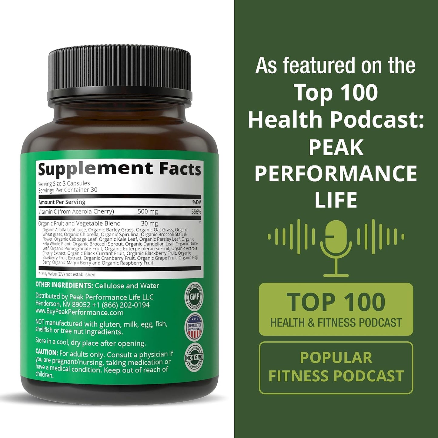 Peak Performance Raw Whole Food Vitamin C – Acerola Cherry, 500 mg, 90 Capsules - görsel 6