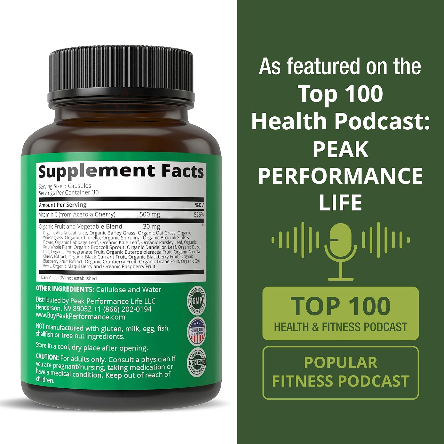 Peak Performance Raw Whole Food Vitamin C – Acerola Cherry, 500 mg, 90 Capsules - görsel 6