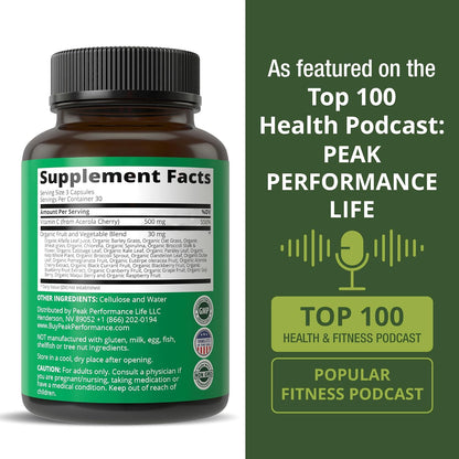 Peak Performance Raw Whole Food Vitamin C – Acerola Cherry, 500 mg, 90 Capsules