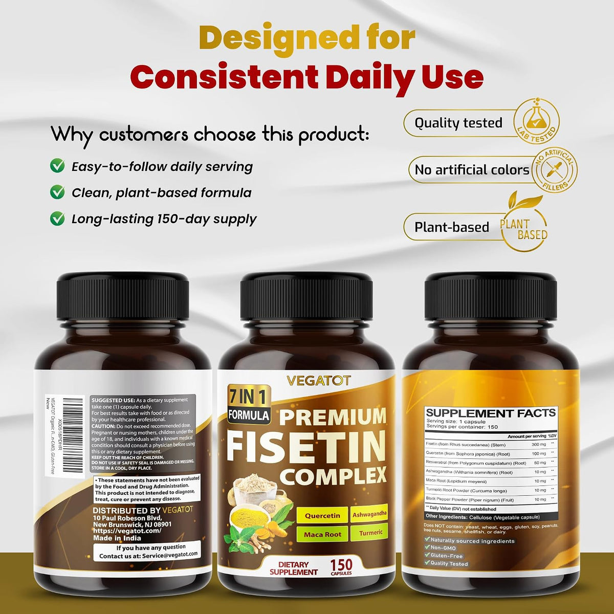 VEGATOT Organic Fisetin Complex 7-in-1 Formula | with Quercetin, Resveratrol, Ashwagandha, Maca Root, Turmeric, Black Pepper | 150 Capsules | Non-GMO, Gluten-free - görsel 9