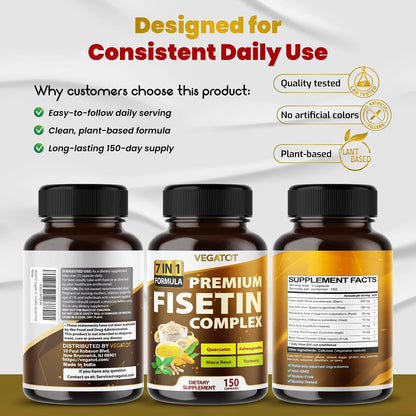 VEGATOT Organic Fisetin Complex 7-in-1 Formula | with Quercetin, Resveratrol, Ashwagandha, Maca Root, Turmeric, Black Pepper | 150 Capsules | Non-GMO, Gluten-free
