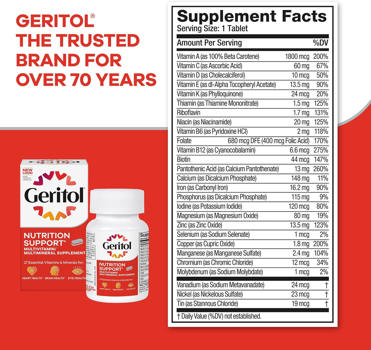 Geritol Multivitamin Supplement, Contains B-Vitamins, Antioxidants, Vitamins C, E & D and Iron, 27 Essential Vitamins and Minerals, Gluten-free, Non-GMO, No Artificial Sweeteners, 100 Tablets, 3 Pack - görsel 6