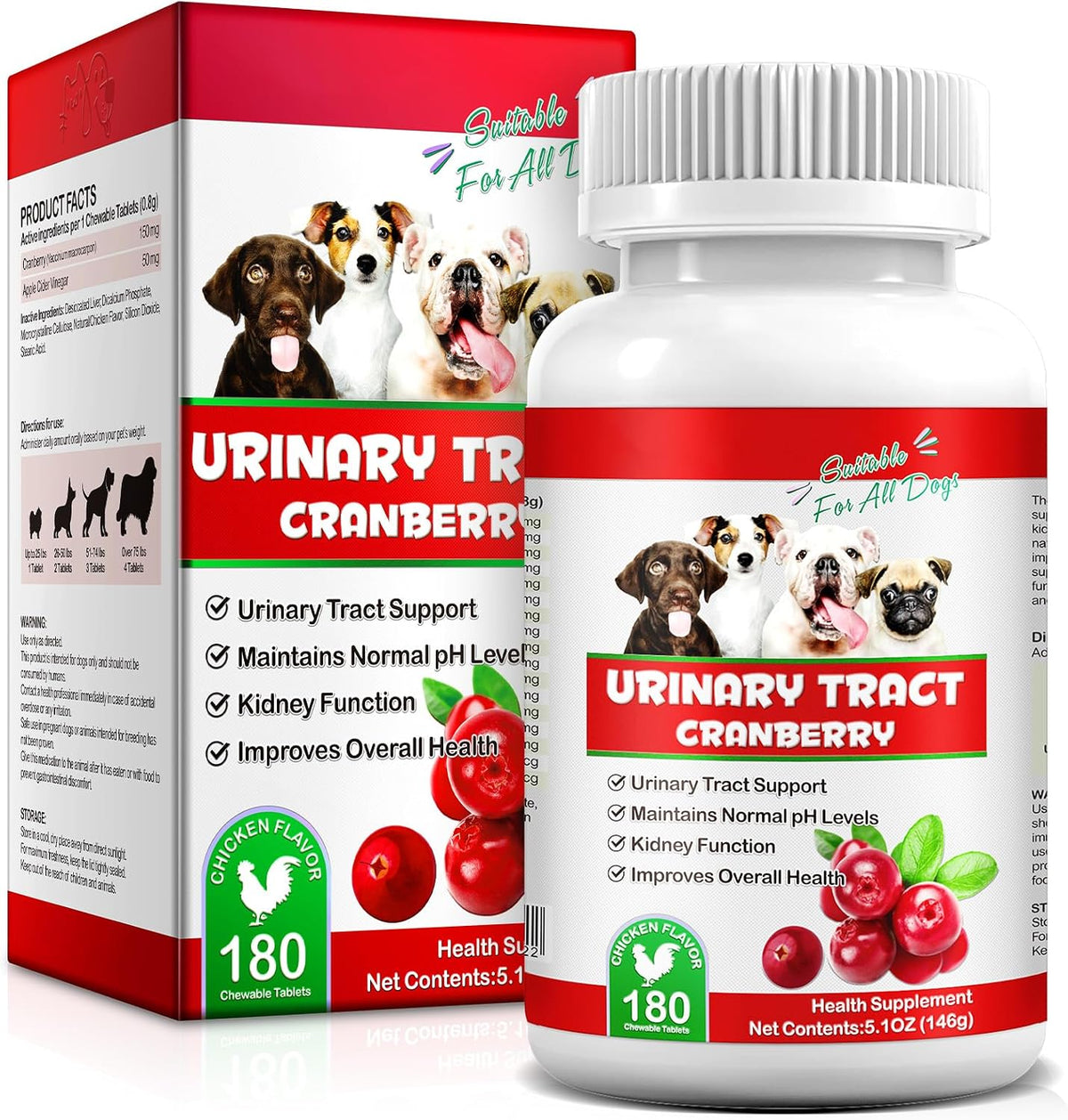 Cranberry for Dogs – Urinary Support Chewable Tablets, Chicken Flavour (180 Count) - görsel 1
