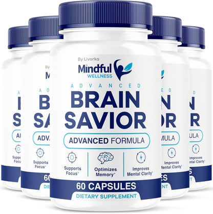 (5 Pack) Mindful Wellness Advanced Brain Saviour Capsules, Official Mindful Wellness Supplement Pills, Mindful Wellness Support Capsules Premium Formula – All Natural Pills, 300 Capsules for 5 Months