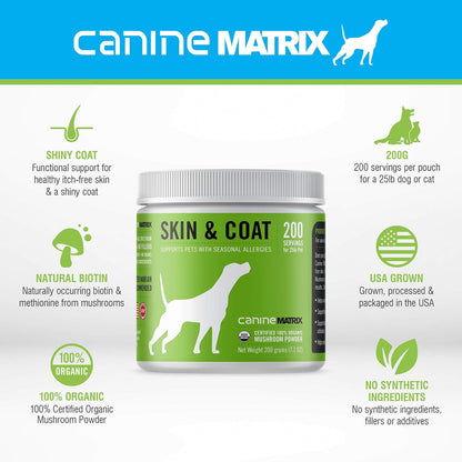 Canine Organic Mushroom Powder Skin and Coat Supplement, 200 Grammes (Packaging May Vary)