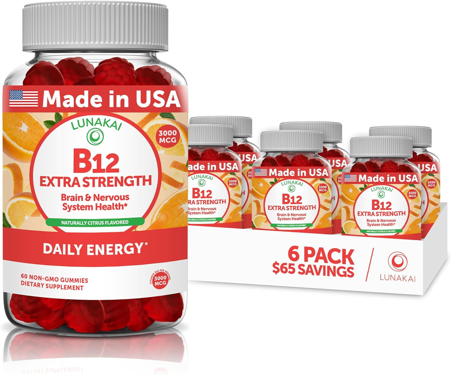 Lunakai USA-made Vitamin B12 Gummies 3000mcg - Methylcobalamin for Energy Metabolism & Nervous System Support - Non-GM Vegan - 6 Pack (60 Gummies per Bottle) - görsel 1