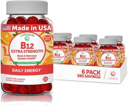 Lunakai USA-made Vitamin B12 Gummies 3000mcg - Methylcobalamin for Energy Metabolism & Nervous System Support - Non-GM Vegan - 6 Pack (60 Gummies per Bottle)
