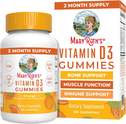 MARYRUTH'S Organic Vitamin D3 Gummies | 1000 IU | USDA Organic | Immune Support | Bone Health | Muscle Function | for Adults & Kids Ages 2+ | Vegan | Gluten-free | 2 Month Supply | 60 Count