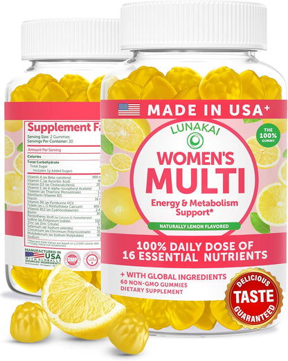 Lunakai USA-made Women's Multivitamin Gummies – Daily 16 Multi Vitamins for Energy & Wellness, 60 Gummies