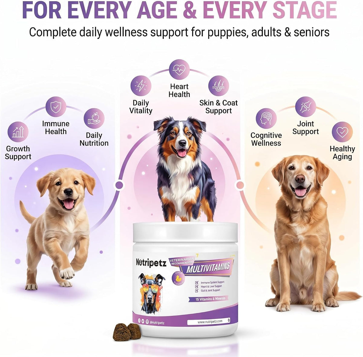 Nutripetz 15 Vitamins & Minerals Pet Supplement - 120 Soft Chews, Duck Flavour - All-in-One with Glucosamine & Probiotics for Dogs & Cats - görsel 5