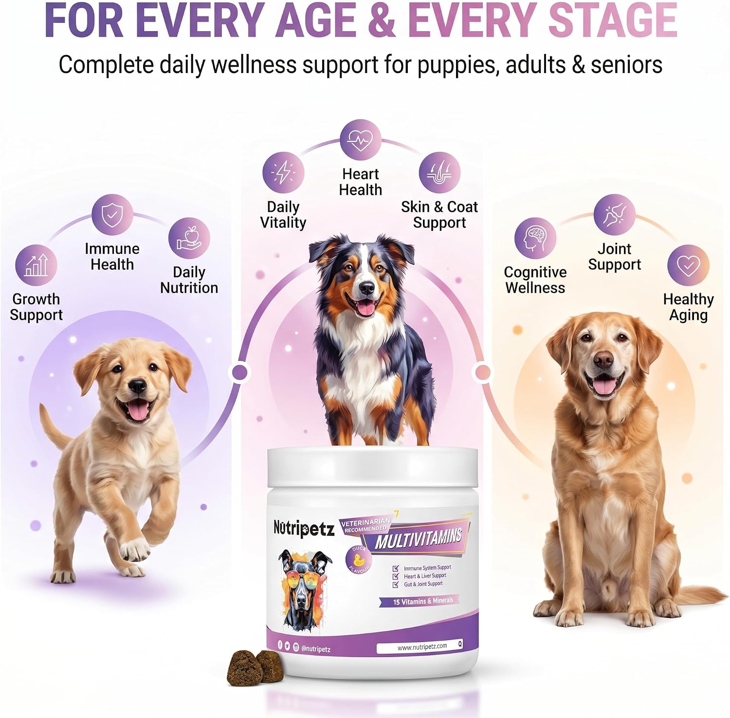 Nutripetz 15 Vitamins & Minerals Pet Supplement - 120 Soft Chews, Duck Flavour - All-in-One with Glucosamine & Probiotics for Dogs & Cats - görsel 5