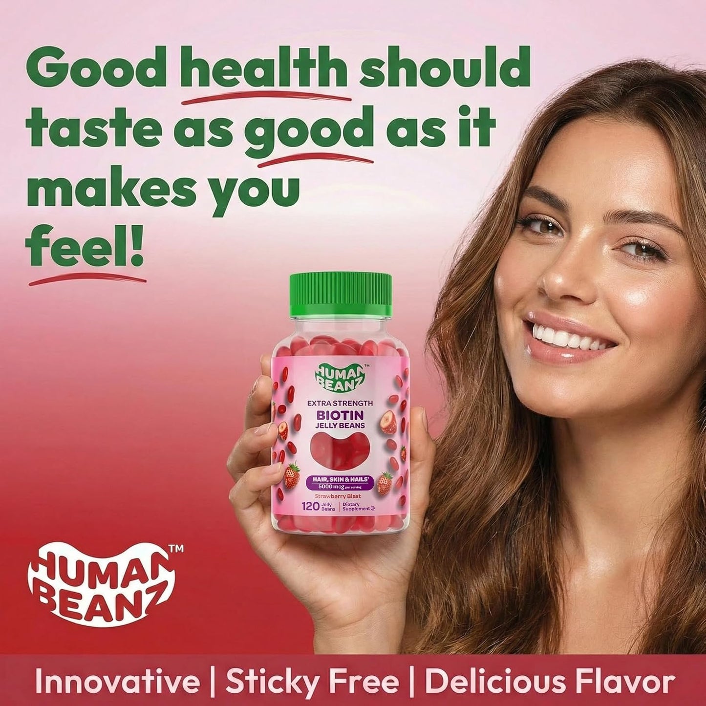 Human Beanz Biotin Jelly Bean Gummy Vitamins, Extra Strength 5000mcg for Hair, Skin & Nails, 120 Strawberry Blast Jelly Beans - görsel 6
