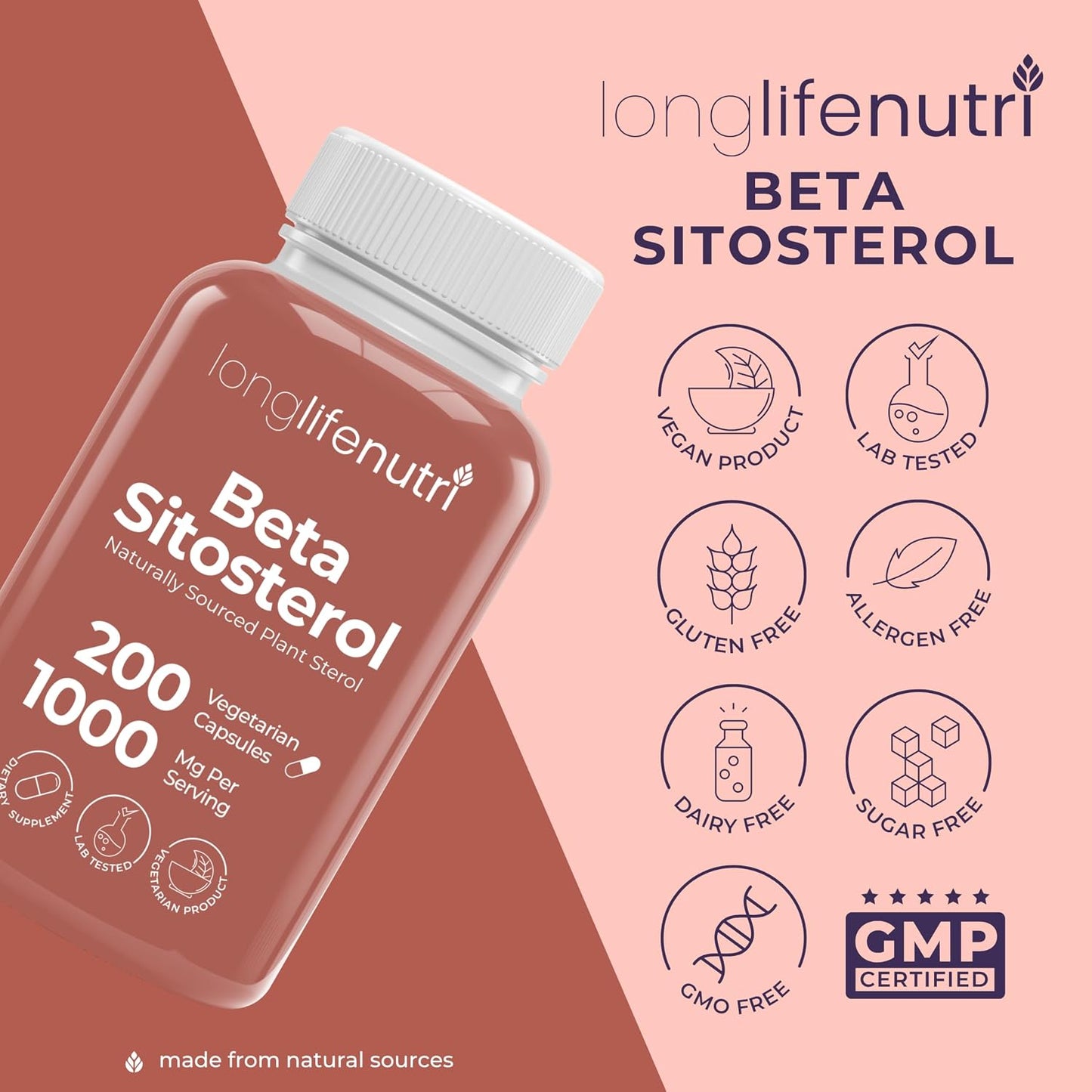 LongLifeNutri Beta Sitosterol 1000mg - Phytosterols Food Supplement, 200 Vegetarian Capsules, Plant Sterols for Daily Wellbeing & Dietary Balance, 100-Day Supply, GMP Certified, Made in the USA - görsel 7