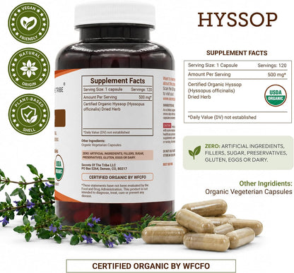 Secrets of the Tribe Organic Hyssop Capsules - Certified Organic, 120 Count