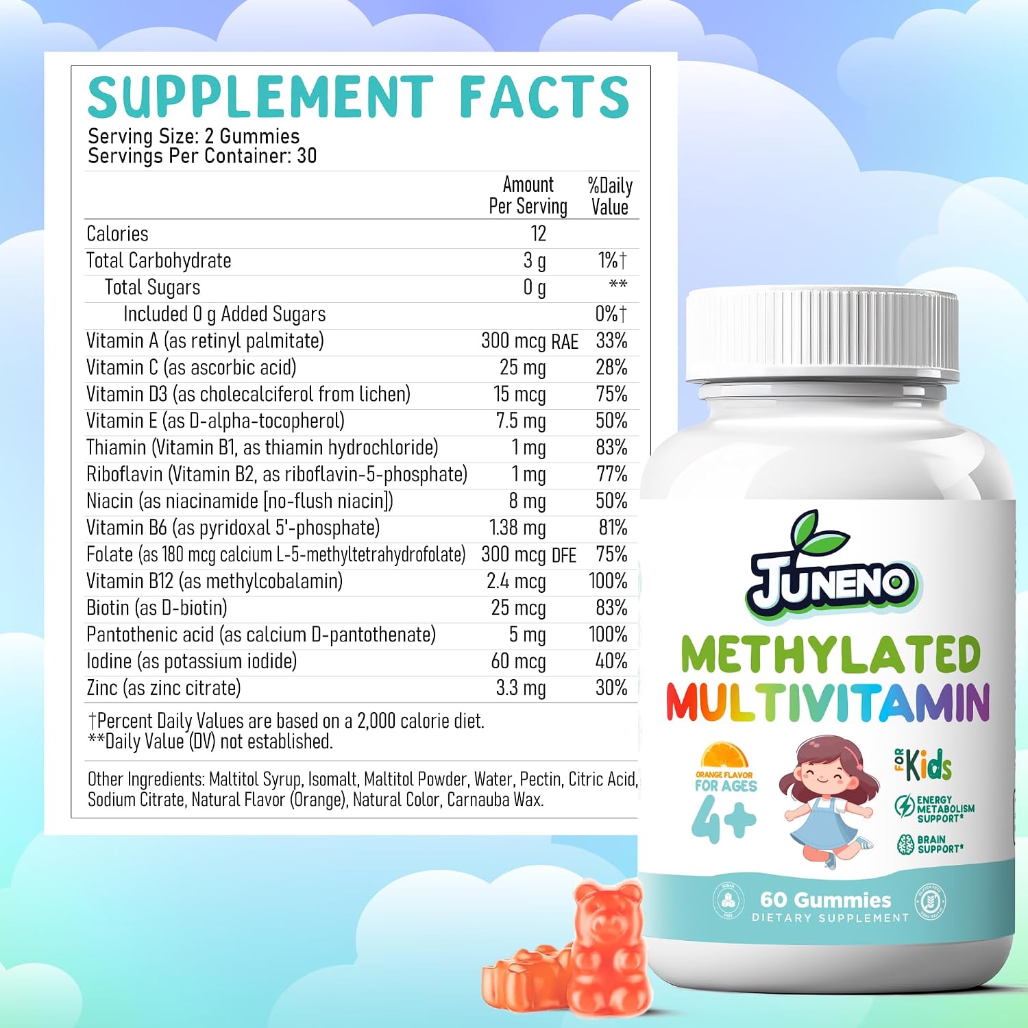 Juneno Methylated Multivitamin Gummies for Kids - MTHFR Support with B Complex, 5-MTHF Folate, B12, Vitamins A C D3 E - Vegan, Gluten-free, Sugar-Free - görsel 7