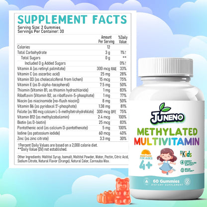 Juneno Methylated Multivitamin Gummies for Kids - MTHFR Support with B Complex, 5-MTHF Folate, B12, Vitamins A C D3 E - Vegan, Gluten-free, Sugar-Free