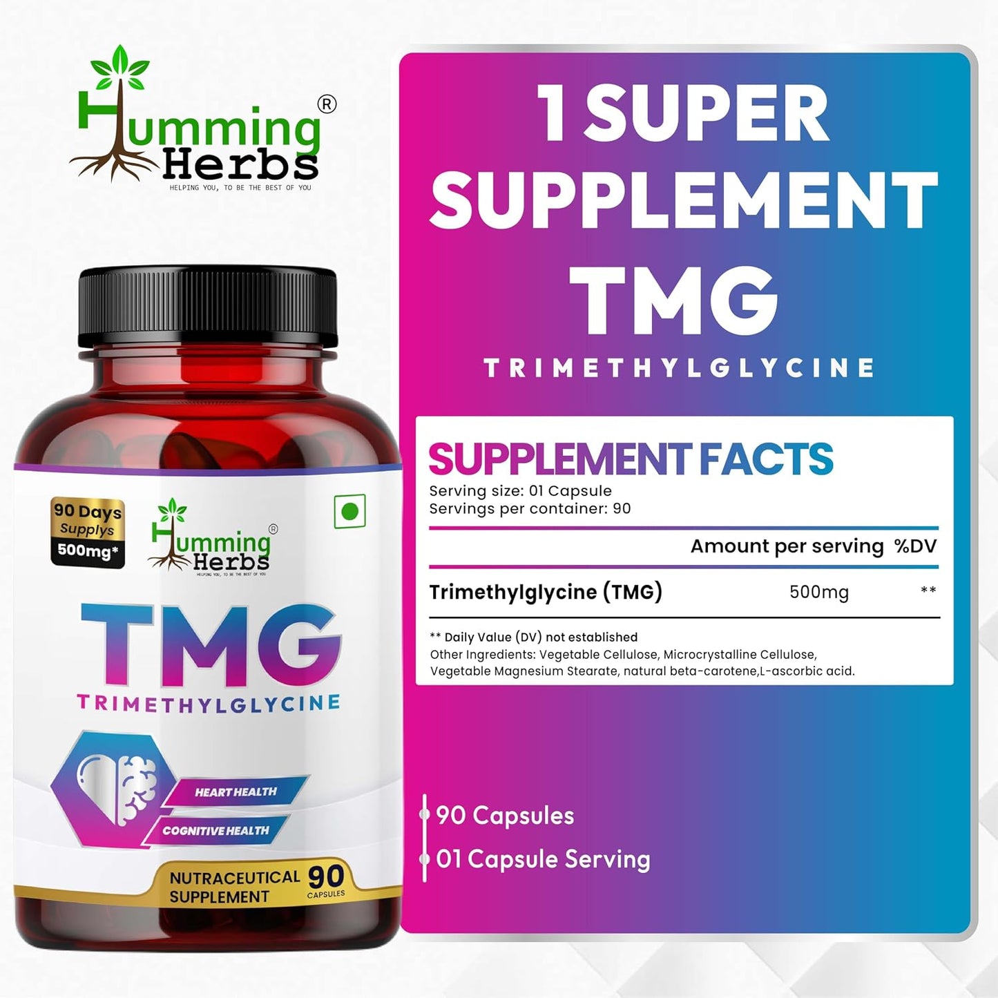 Humming Herbs TMG Supplement – Trimethylglycine 500 mg, 90 Vegan Capsules - görsel 2