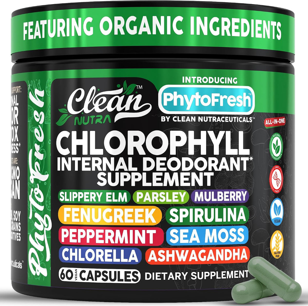 Clean Nutra Chlorophyll Capsules Supplement Internal Deodorant Peppermint, Sea Moss, Parsley, Chlorella, Spirulina, Slippery Elm, Ashwagandha, PhytoFresh Greens Detox Pills - görsel 1
