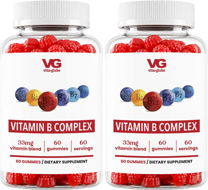 VITA GLOBE B Complex Gummy Vitamins – Vegan Non-GM Strawberry Chewables with Vitamin C, Niacin, B6, B12 & Biotin – Supports Energy, Heart & Brain – 60 Count (2 Pack)