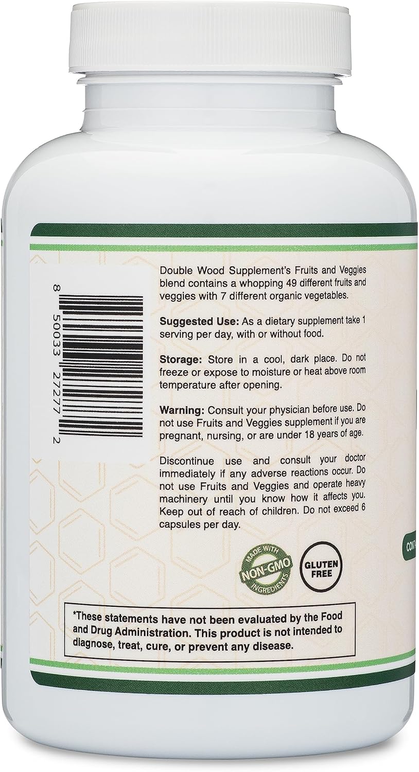 Fruits and Veggies Supplement (Daily Blend of 49 Different Fruits and Vegetables, 23 Veggies and 29 Fruits) 1,500mg Servings, 180 Capsules (No Fillers, Vegan Safe, Non-GMO) by Double Wood - görsel 4