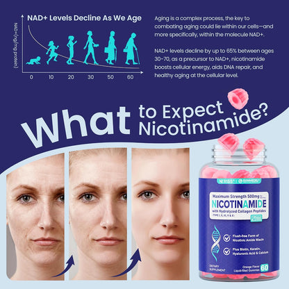 NEVISS Nicotinamide 500mg Gummies with Collagen Peptides – Flush-Free Vitamin B3 for NAD+ Support & Cellular Health, Sugar-Free, 60 Count