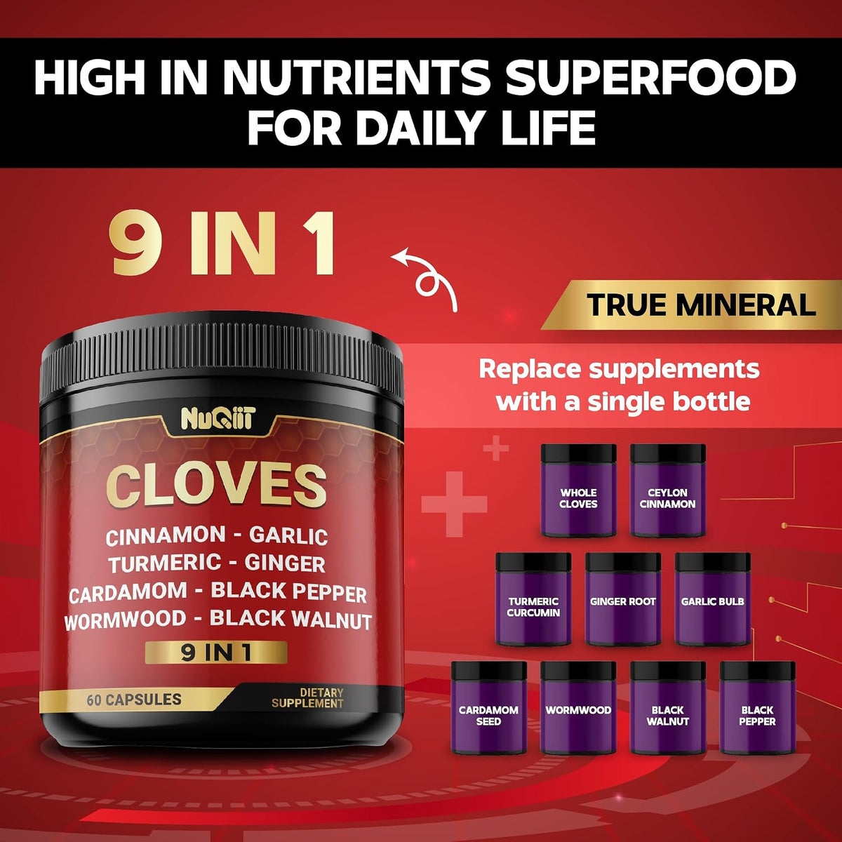 9in1 Clove Supplement Rich in Vitamins & Minerals for Digestive, Immune System, Bone & Heart Health with Cinnamon, Turmeric, Ginger, Cardamom, Garlic, Wormwood, Black Walnut - 60 Capsules - 30 Days - görsel 5