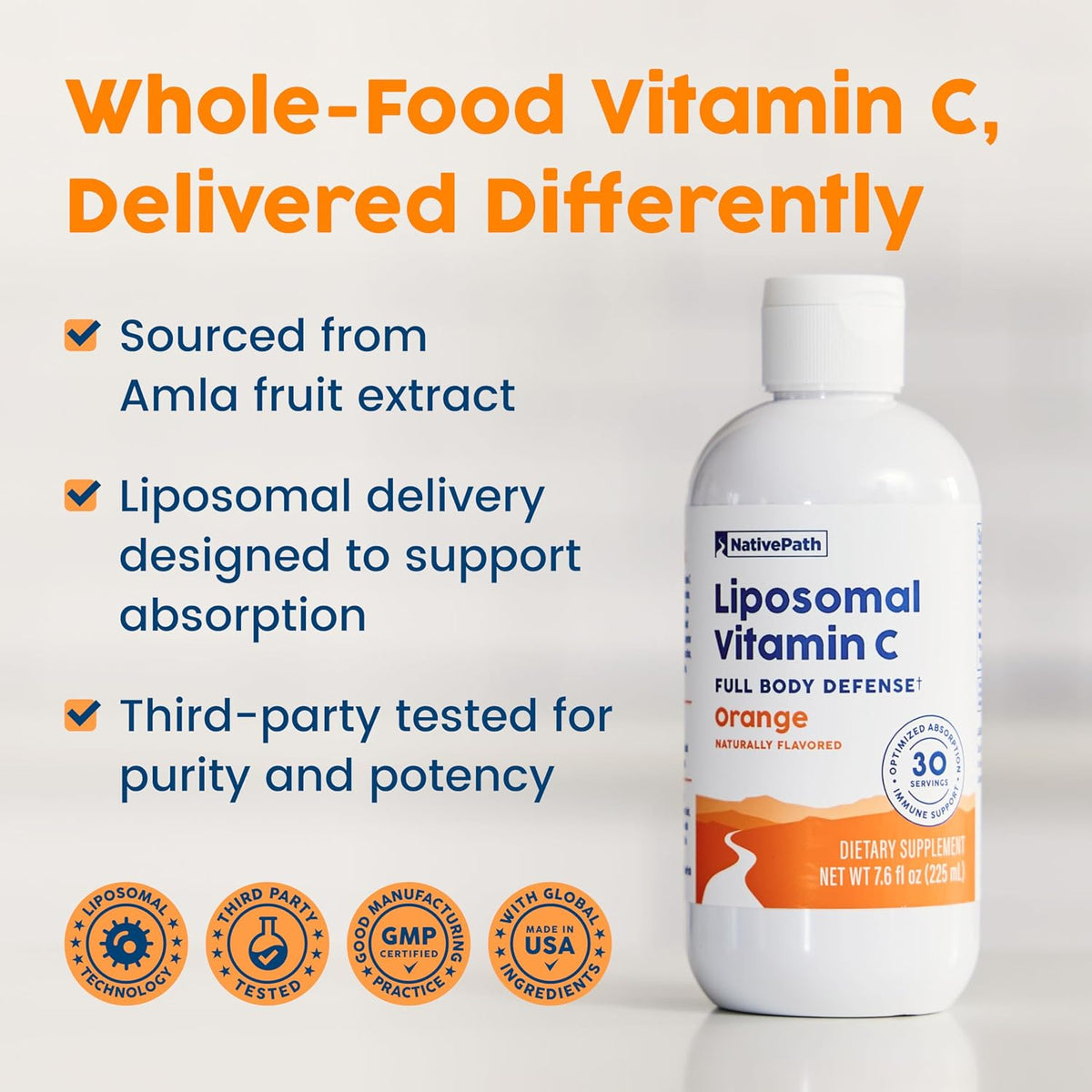 NativePath Liposomal Vitamin C 500mg from Whole-Food Amla Fruit - Soya-Free Egg Yolk Lecithin Liposomes - Orange Flavour Liquid for High Absorption Daily Immune & Collagen Support - 30 Servings - görsel 3