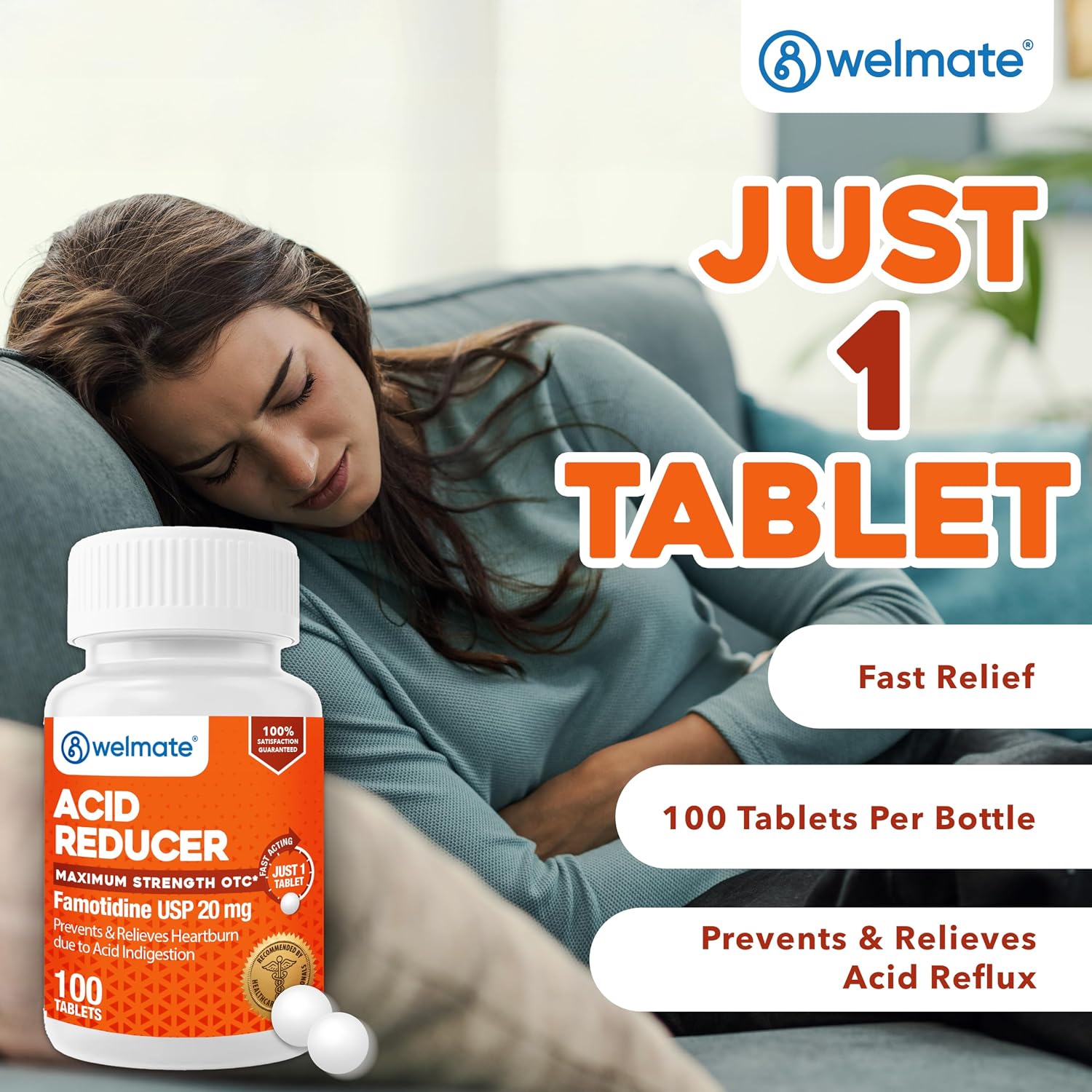 WELMATE Famotidine Acid Reducer 20 mg - Maximum Strength Heartburn Relief - 100 Tablets - görsel 2