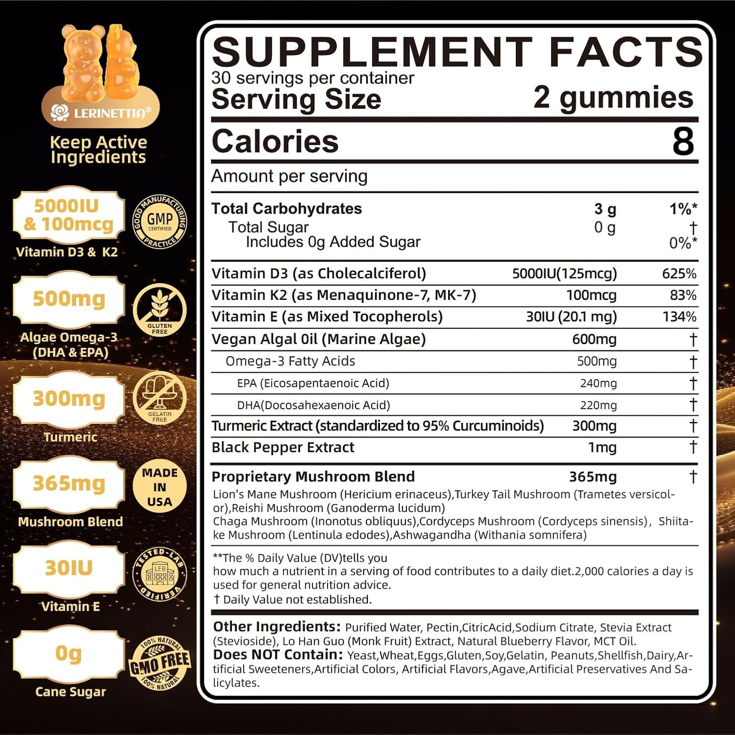 Vitamin D3 5000 IU (125 µg) + Vitamin K2 (MK-7) Gummies with Algae Omega-3 – Vegan, Sugar Free, 60 Count - görsel 3