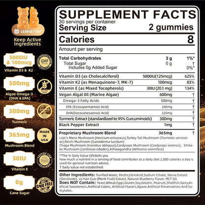 Vitamin D3 5000 IU (125 µg) + Vitamin K2 (MK-7) Gummies with Algae Omega-3 – Vegan, Sugar Free, 60 Count
