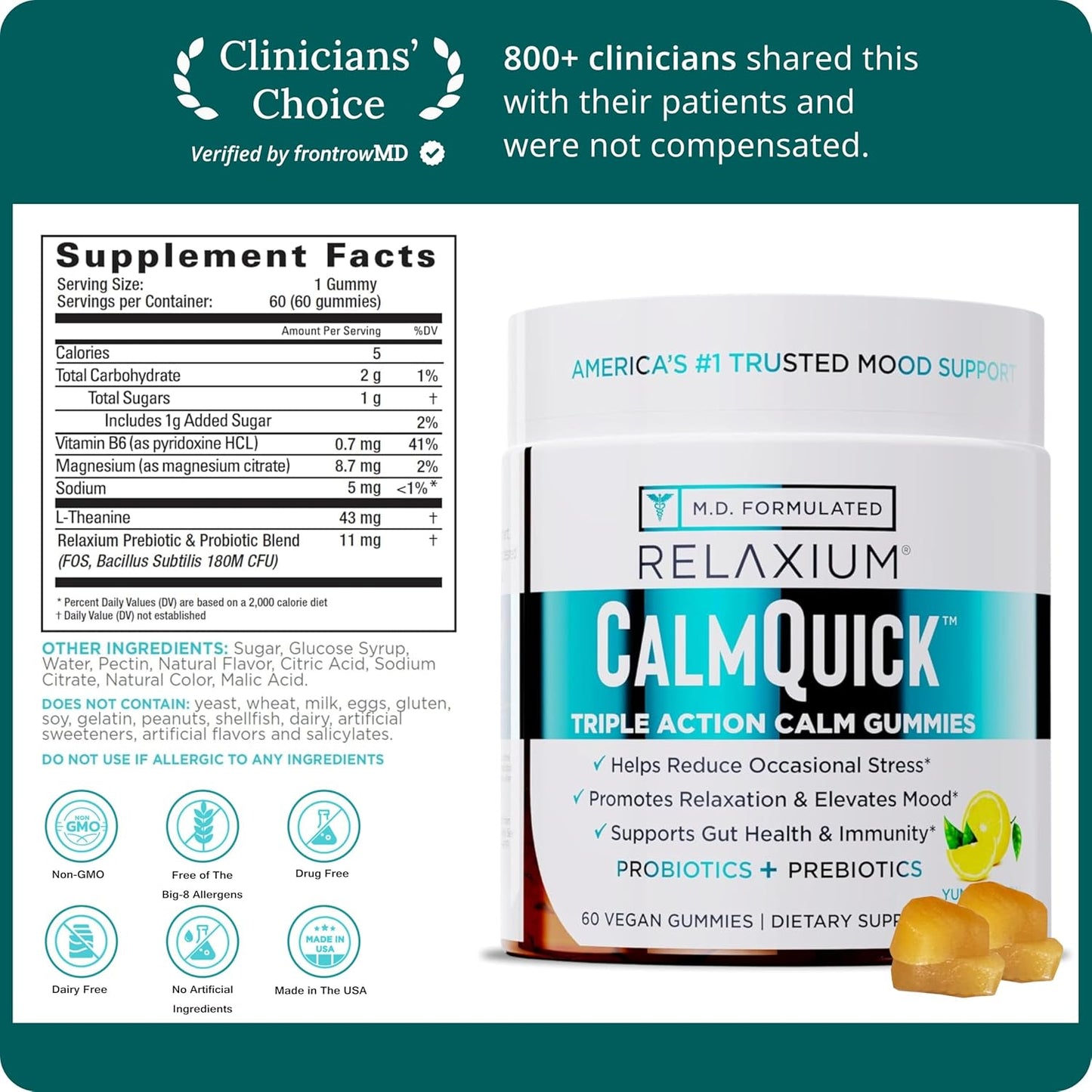 Relaxium Calm Gummies – Calm, Gut Health & Immune Support – Vitamin B6, Magnesium, L-Theanine – Prebiotic & Probiotic Blend – Lemon Flavour, 60 Gummies - görsel 2
