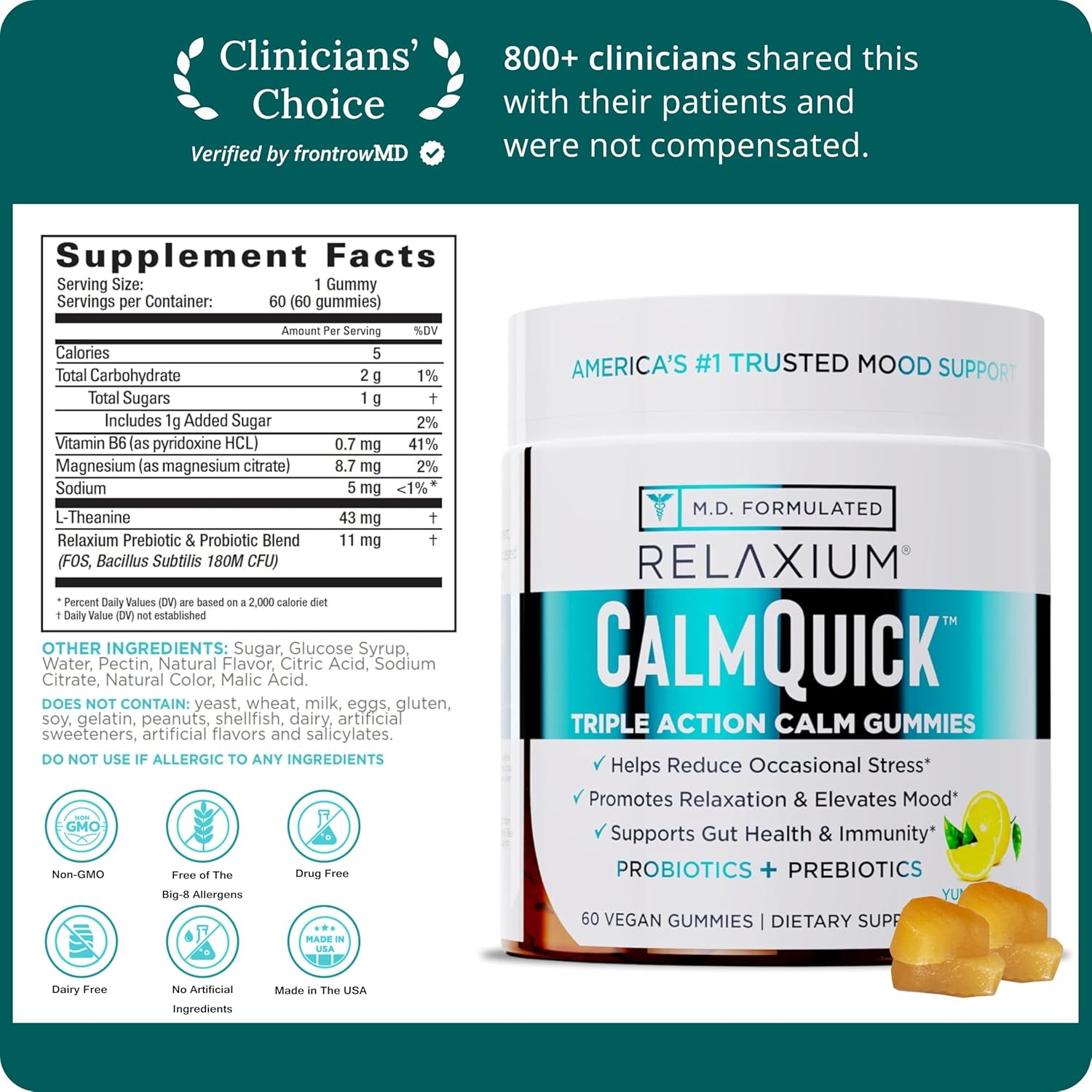 Relaxium Calm Gummies – Calm, Gut Health & Immune Support – Vitamin B6, Magnesium, L-Theanine – Prebiotic & Probiotic Blend – Lemon Flavour, 60 Gummies - görsel 2