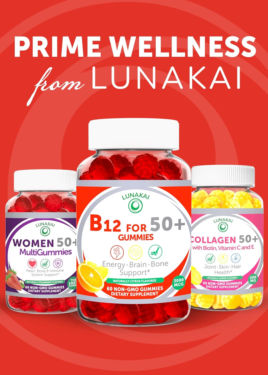 Lunakai USA-made Vitamin B12 Gummies for Adults 50+ - Non-GMO B12 for Energy & Vitality Boost - Citrus Flavour - 60ct - görsel 7