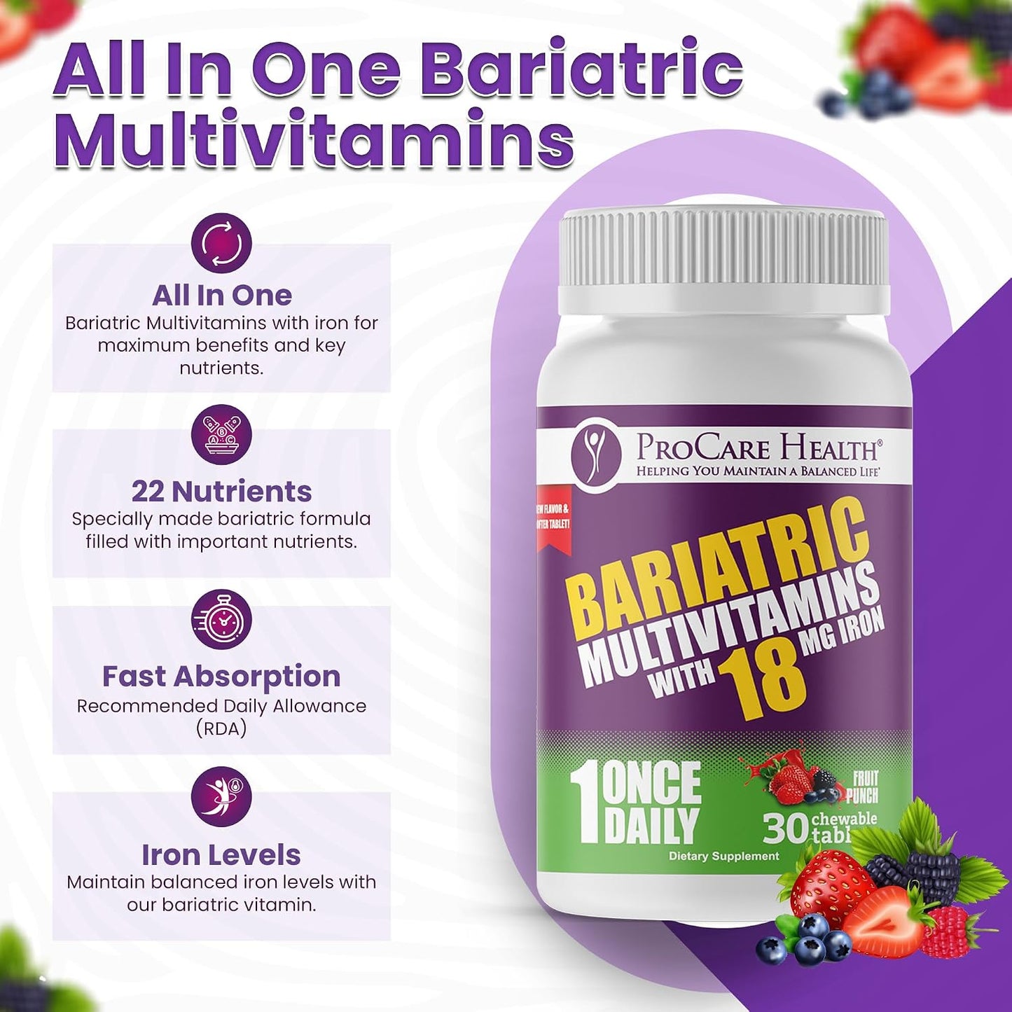 ProCare Health Bariatric Chewable Multivitamin with Iron 18mg (30 Tablets) – Fruit Punch Flavour - görsel 6