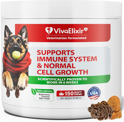 VivaElixir Dog Lumps and Bumps Supplement - Immune Support Chews with Turkey Tail Mushroom, Reishi, Shiitake, Maitake, Curcumin & CoQ10 - Veterinary Formulated - 150 Chews
