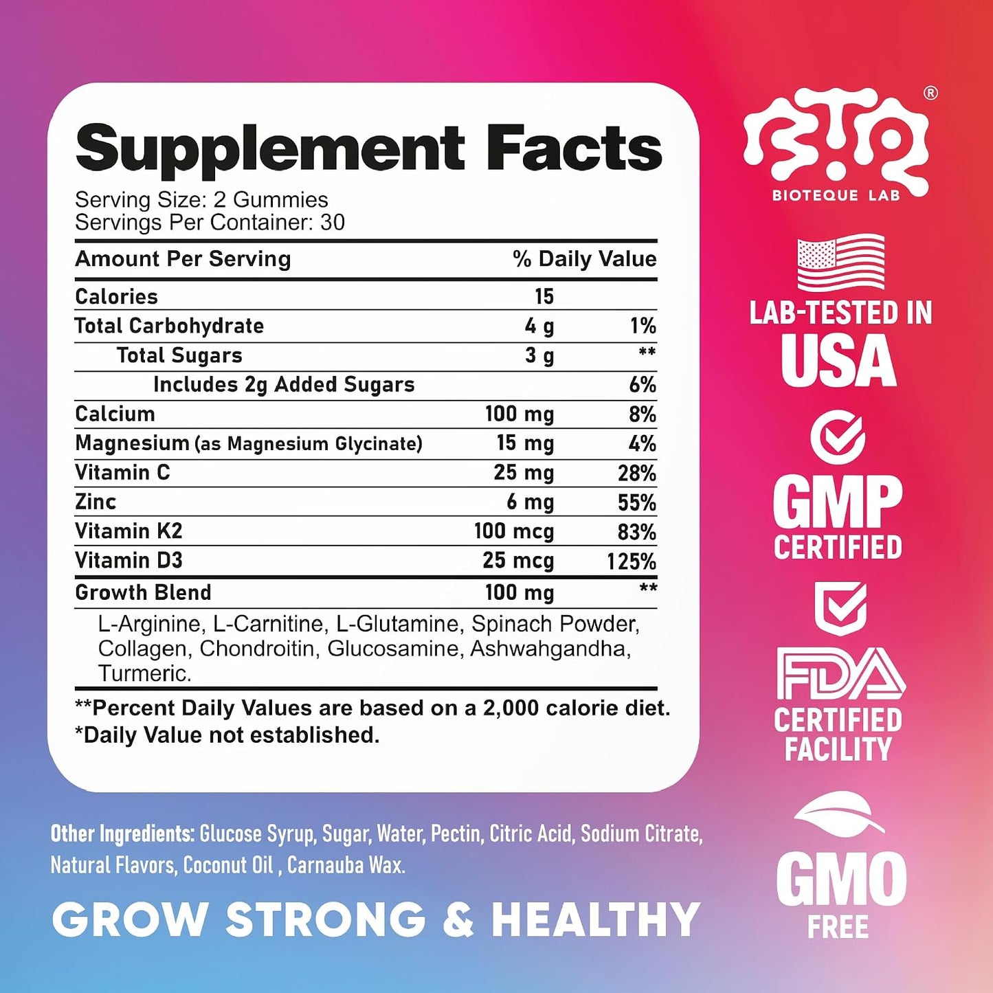 BIOTEQUELAB Height Growth Increase Gummies - Calcium, Magnesium, Zinc, Ashwagandha, Glucosamine Multivitamin for Teens, Kids, Adults - görsel 8