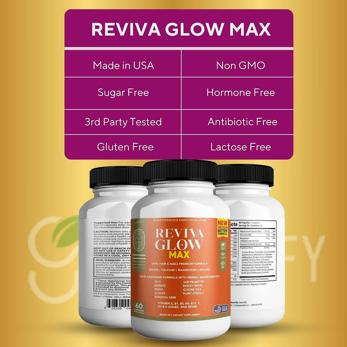 Reviva Glow Max - Hair, Skin & Nails Support Supplement with Biotin, Calcium, Magnesium, Folate & Herbal Blend - 120 Capsules, Vegan & Gluten-free - görsel 5