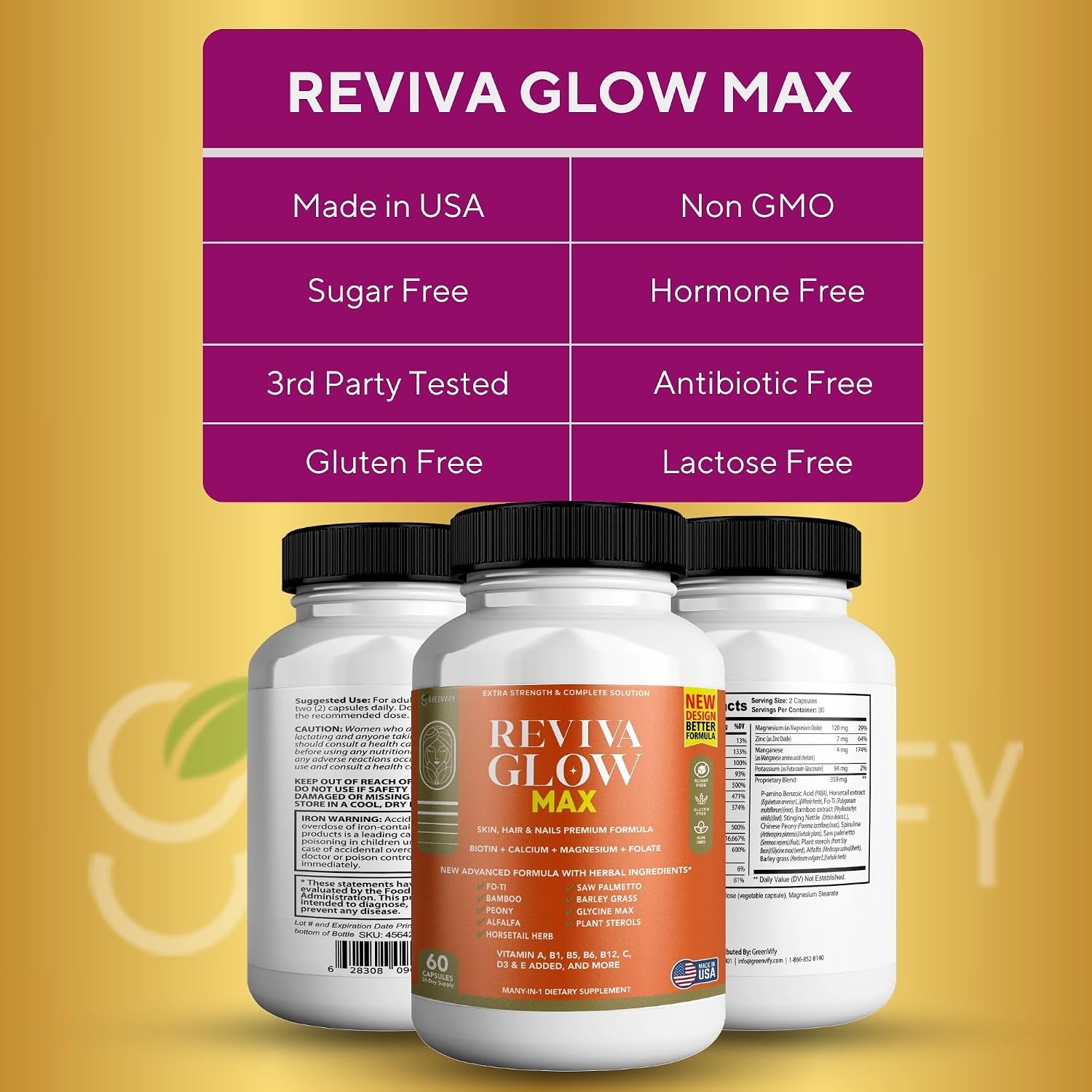 Reviva Glow Max - Hair, Skin & Nails Support Supplement with Biotin & Herbal Blend, 180 Capsules - görsel 5