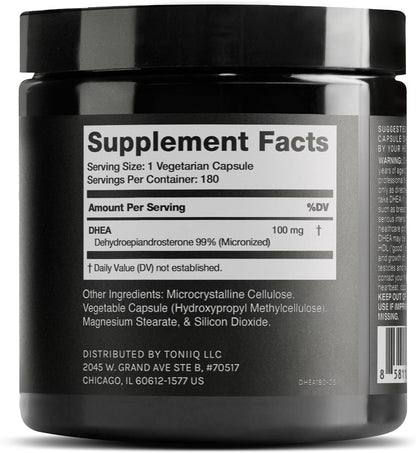 Toniiq Ultra High Strength DHEA 100mg Supplement - 99%+ Pure Micronised DHEA for Men and Women - 180 Capsules