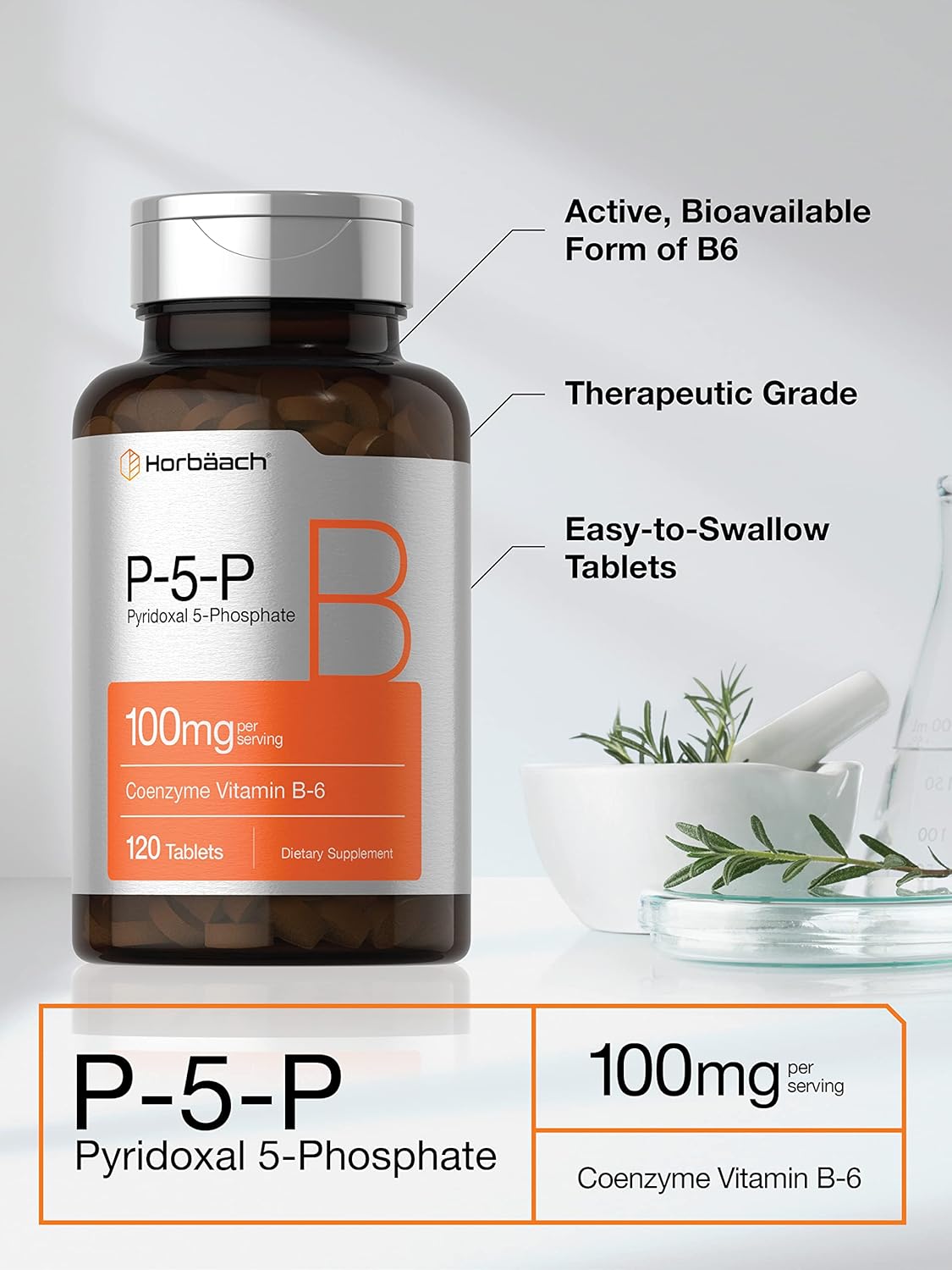 Horbäach P5P Activated Vitamin B6 100mg | 120 Tablets | Vegetarian Supplement, Non-GMO, Gluten-free | Pyridoxal 5 Phosphate | Coenzyme B6 - görsel 3