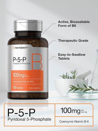 Horbäach P5P Activated Vitamin B6 100mg | 120 Tablets | Vegetarian Supplement, Non-GMO, Gluten-free | Pyridoxal 5 Phosphate | Coenzyme B6
