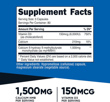 Nutricost HMB (1500mg) and Vitamin D3 (6000 IU) Supplement - 240 Capsules, 80 Servings - Gluten-free and Non-GMO